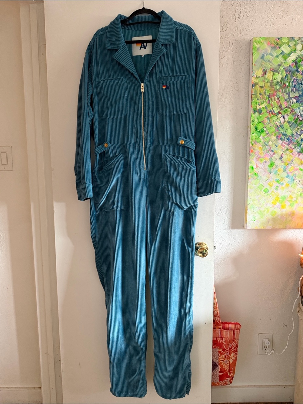 Aviator Nation Teal Corduroy Zip-Front Jumpsuit xl Beautiful